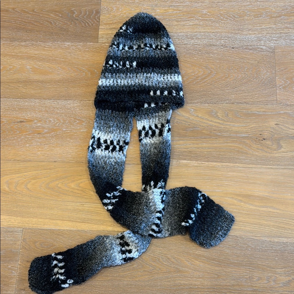 Handmade Knit Black and Gray Scarf with Hood